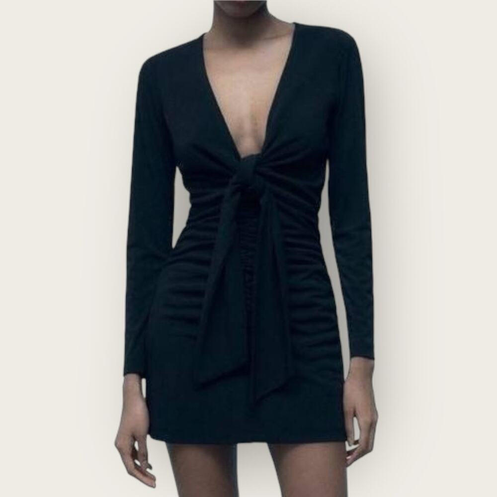NWT | Zara | Tied Front Ruched Mini Dress | Black | Medium